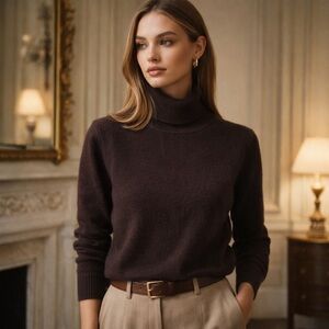 Shephe 100% Cashmere Women Pullover Sweater Turtleneck Size L Chocolate Brown